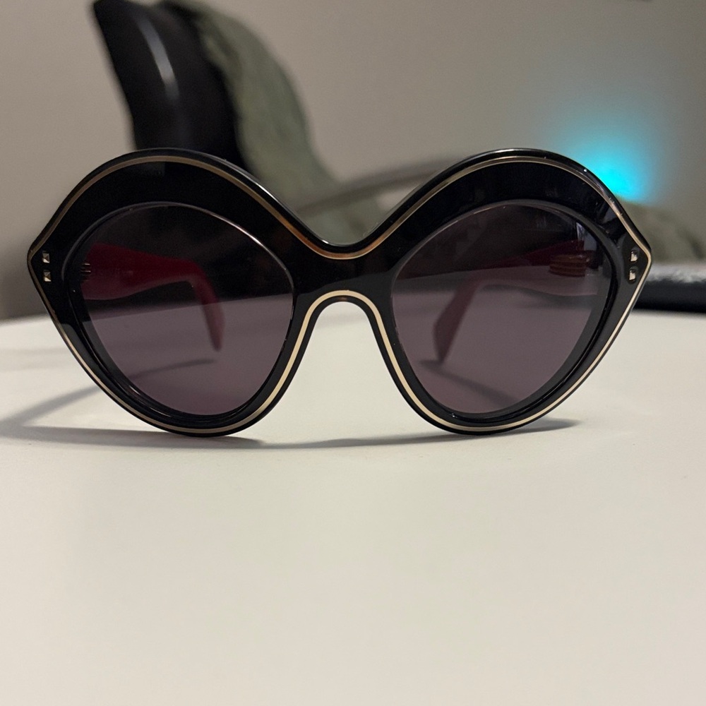 Valentino Black Round Sunglasses with Gold Trim